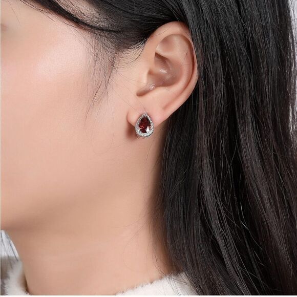 Silver with Ruby Red and Diamond Cubic Zirconia Teardrop Stud Clip On Earrings - Picture 5 of 5